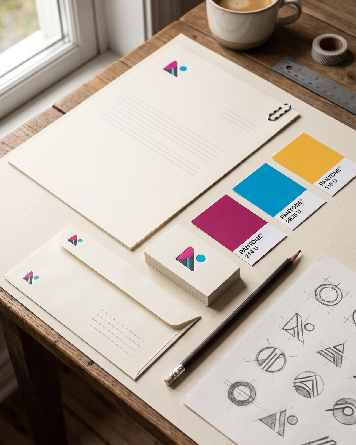 Papelaria de identidade visual com paleta de cores